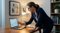 Professional businesswoman analyzing financial data on laptop in modern home office workspace with warm lighting and organized shelving.