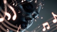 Dark silhouette of person with floating musical notes and symbols creating artistic composition about music, sound, melody and rhythm in dramatic lighting.