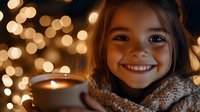 Young girl with brown hair smiling warmly while holding hot cocoa mug, cozy winter evening with golden bokeh lights creating magical holiday atmosphere.