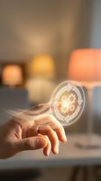 Hand touching digital gear interface with glowing automation symbols in modern smart home environment for technology and IoT applications.