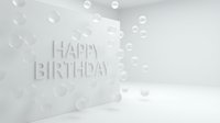 Happy Birthday embossed text on white wall with floating glossy spheres in a minimalist white room, perfect for celebration greeting cards.