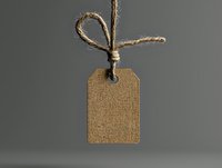 Blank kraft paper price tag with twine bow hanging on gray background. Isolated mockup for retail, branding and product labeling design.