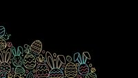 Easter eggs and bunny rabbits line art border on black background for spring holiday greeting cards and seasonal decorations.