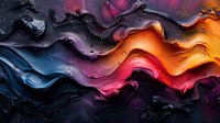 Abstract fluid art background with vibrant waves of orange, pink, purple and blue colors mixed with black, creating dynamic marble effect with water drops and ripples.