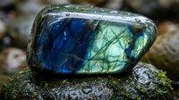 Polished labradorite gemstone displaying brilliant blue and green flash colors on natural rock surface with moss texture for jewelry and mineral collection purposes.