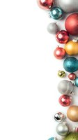 Colorful Christmas ornaments arranged in vertical border on white background, creating festive frame with red, gold, silver, and teal baubles.