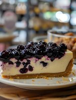 Creamy vanilla cheesecake slice topped with fresh blueberry compote on graham cracker crust, served on white plate. Close up view shows rich texture and layers.
