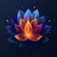 Glowing lotus flower with colorful petals in blue, purple, orange, and yellow on dark background, symbolizing spiritual awakening and meditation.