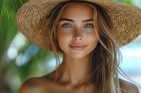 Young Caucasian woman with blue eyes and natural makeup wearing straw sun hat smiles gently at camera against blurred tropical background with palm leaves.