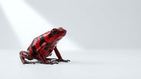 Bright red poison dart frog with black spots isolated on white background, suitable for educational materials, wildlife design projects, and nature publications.