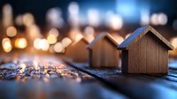 Miniature wooden houses on dark surface with glowing bokeh lights in background creating magical evening atmosphere for real estate concept.