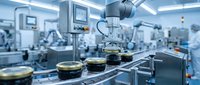 Modern automated food production line with robotic arms packaging products in sterile industrial facility for manufacturing processes.