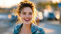 Young woman with messy updo hairstyle smiling broadly at sunset, wearing denim jacket against blurred city bokeh background.