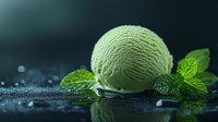 Single scoop of green mint ice cream with fresh mint leaves on dark reflective surface with water drops, dramatic lighting creates appetizing dessert presentation.