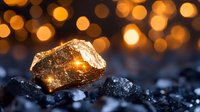 Glowing amber crystal on dark stones with golden bokeh lights in background creates magical mineral composition for spiritual and wellness designs.
