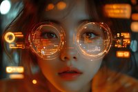 Young Asian woman wearing futuristic smart glasses with holographic interface display, orange neon lights and digital elements reflecting in lenses.