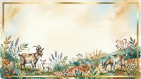 Goats grazing in pastoral landscape with wildflowers and botanical elements, vintage watercolor style border frame, rustic farm scene for agricultural and nature design projects.