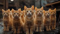 Adorable ginger tabby kittens sitting in row looking up with curious expressions, orange fur glowing in soft evening light against dark rustic background.