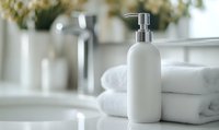 White ceramic soap dispenser on bathroom counter with folded towels and blurred background, creating minimalist spa-like atmosphere for wellness and self-care content.