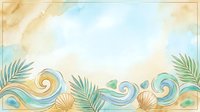 Watercolor coastal border with swirling waves, seashells, and tropical palm fronds in soft blue, gold, and green tones. Isolated design element for invitations, cards, and web graphics.
