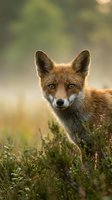 Red fox with reddish-brown fur and white markings gazing directly at camera in natural grassland habitat with soft bokeh background for wildlife and nature projects.