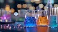 Laboratory glassware with colorful luminescent liquids in blue, orange and turquoise against blurred bokeh background, scientific research concept.
