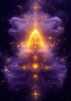 Mystical glowing triangle with sacred geometry patterns floating in purple cosmic clouds, surrounded by golden light particles and ethereal symbols in space.