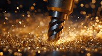 Macro shot of industrial drill bit with hot metal shavings and sparks against dark background with bokeh effect, showcasing metalworking precision and power.