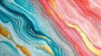 Vibrant marble texture with flowing turquoise, coral pink and gold veins creating dynamic waves and swirls on abstract fluid art background. Luxury decorative pattern.
