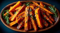 Roasted sweet potato wedges with fresh rosemary herbs on wooden plate. Healthy side dish for autumn dinner menu and holiday cooking recipes.