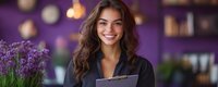 Young female restaurant manager with clipboard smiling warmly, standing near purple lavender decoration against blurred purple interior with bokeh lights.