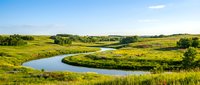 Winding river curves through lush green meadows and grasslands under clear blue sky, showcasing natural landscape scenery for environmental and nature projects.