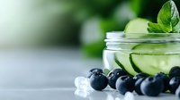 Fresh cucumber water with blueberries, mint leaves and ice cubes in glass jar on light background, refreshing summer detox drink for healthy lifestyle.