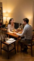 Couple dining together at wooden table in warm-lit home interior with bookshelves, sharing meal and conversation in cozy living space.