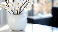 White cherry blossom branches in modern spherical ceramic vase on table with soft natural window light and blurred background creating minimalist spring decor.