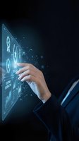 Businessman hand touching holographic interface with rocket and business icons, representing startup innovation, digital transformation, and technology solutions for corporate growth.