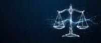 Digital justice scales made of glowing white lines and dots on dark blue background. Modern legal technology concept for law firms and judicial systems.
