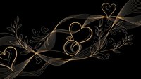 Elegant golden line art flourishes with hearts and swirls on black background for luxury wedding invitations and romantic design projects.