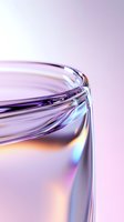 Close-up macro shot of glass rim with iridescent reflections and purple gradient background creating abstract minimalist composition with light refractions.