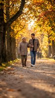 Two men walking together on a tree-lined path during autumn, surrounded by golden foliage. Suitable for lifestyle, family, and seasonal content.