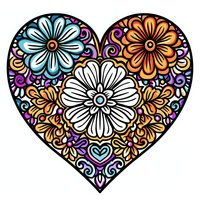 Decorative heart shape filled with ornate floral pattern in turquoise, orange and purple colors on white background. Isolated design element for cards and prints.