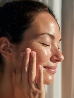 Young Asian woman with glowing hydrated skin touching face gently with closed eyes, expressing wellness and skincare routine in natural lighting.