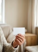 Older adult male with medium skin tone holding blank white card in warm, neutral bedroom setting with natural light, suitable for greeting cards, invitations, and messaging concepts.