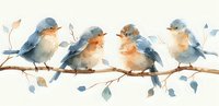 Adorable watercolor birds perched on branch with blue leaves, perfect for nursery decor, greeting cards, and wall art. Gentle pastel colors create whimsical nature illustration.