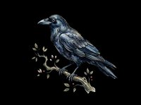 Black crow perched on branch with leaves, isolated on transparent background. Ready for t-shirt designs, clipart, stickers, print-on-demand products, and sublimation projects.