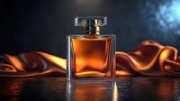 Elegant glass perfume bottle with amber liquid against dark background and flowing silk fabric, dramatic lighting creates luxury atmosphere for beauty product photography.