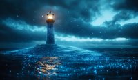 Glowing lighthouse on magical sparkling shore against dramatic night sky with turquoise clouds and stars reflecting in dark ocean waters.