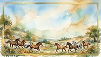 Wild horses galloping across open meadow landscape with rolling hills and dramatic sky in watercolor painting style for home decor and wall art.