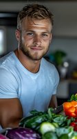 Young athletic Caucasian male in white t-shirt smiling while preparing healthy meal with fresh vegetables in modern kitchen. Natural lighting creates warm atmosphere.