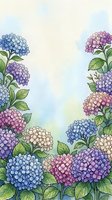 Watercolor hydrangea flowers frame with pastel blue pink purple blooms and green leaves on soft textured background for spring garden designs.